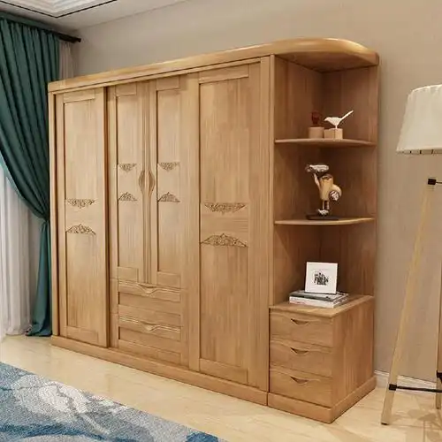 简约现代实木衣柜-新中式经济型卧室家具四门推拉大衣柜实木衣橱