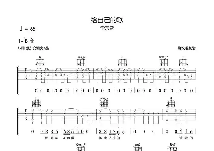 给自己的歌吉他谱_李宗盛_g调弹唱六线谱_烧火棍上传