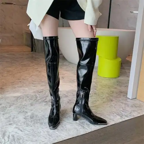 长筒过膝超长大腿靴长靴女新款弹力皮靴子漆皮高跟靴女粗跟 绒黑 36