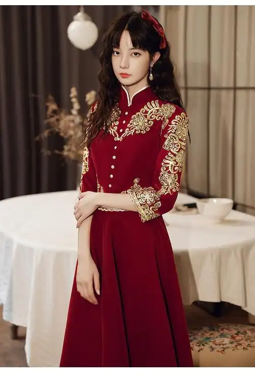 舒弗星敬酒服新娘中式旗袍订婚结婚小礼服秀禾连衣裙女夏秋冬季酒红色