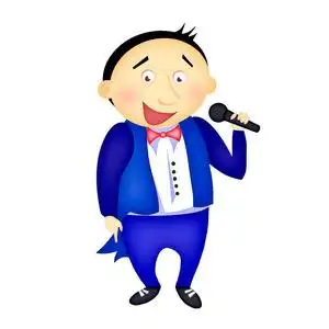 矢量歌手在蓝色西装与麦克风在白色背景.卡通人物照片