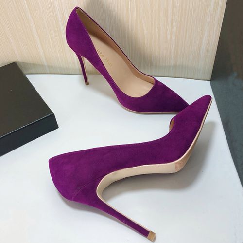 欧美紫色浅口尖头鞋细跟高跟鞋工作鞋绒面细跟舒适女鞋ol职业单鞋