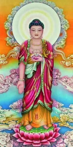 阿弥陀佛身金色,相好光明无等伦,白毫婉转五须弥,绀目澄清四大海,光