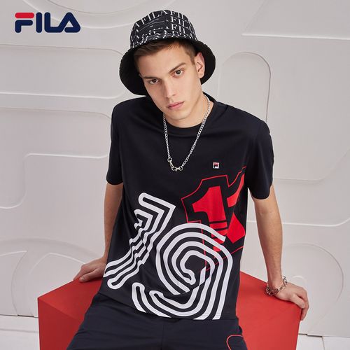 fila 斐乐官方男士短袖t恤2021年秋季新款圆领运动满印多彩上衣男