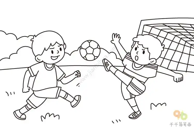 小学一年级课文配画踢足球的小朋友简笔画