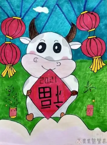 2021牛年生肖简笔画以牛为主题的新年绘画