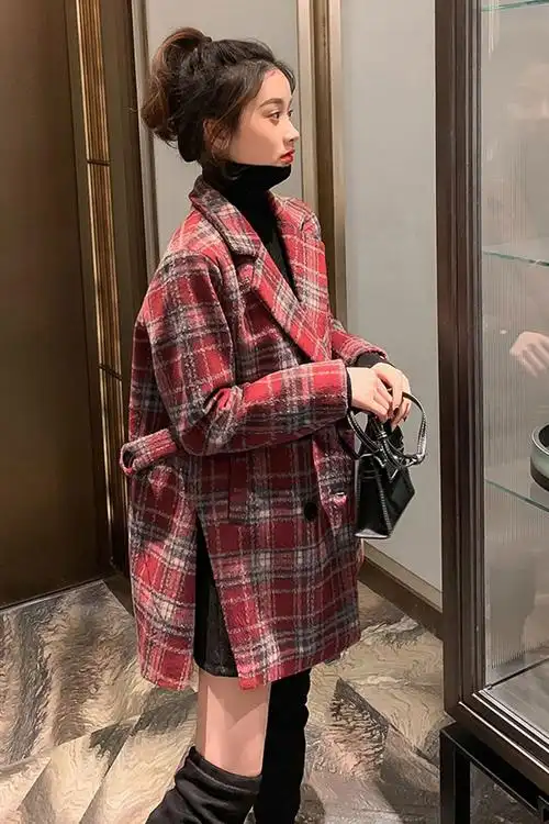 格子毛呢外套女秋冬季新款韩版流行加厚中长款小个子呢子大衣