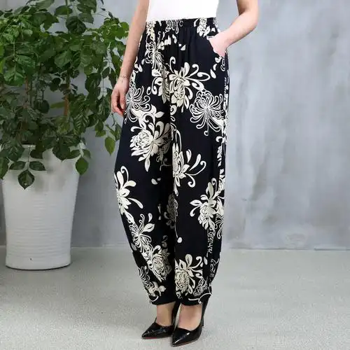 春夏中老年女裤大码宽松棉绸阔腿灯笼裤休闲民族风广场舞蹈女长裤