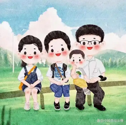 油画风手绘作品,一家三口,四口全家福头像,温馨可爱又好看
