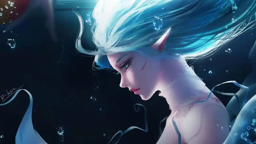 精灵女孩海水里脸上划伤蓝色长发4k高清动漫壁纸