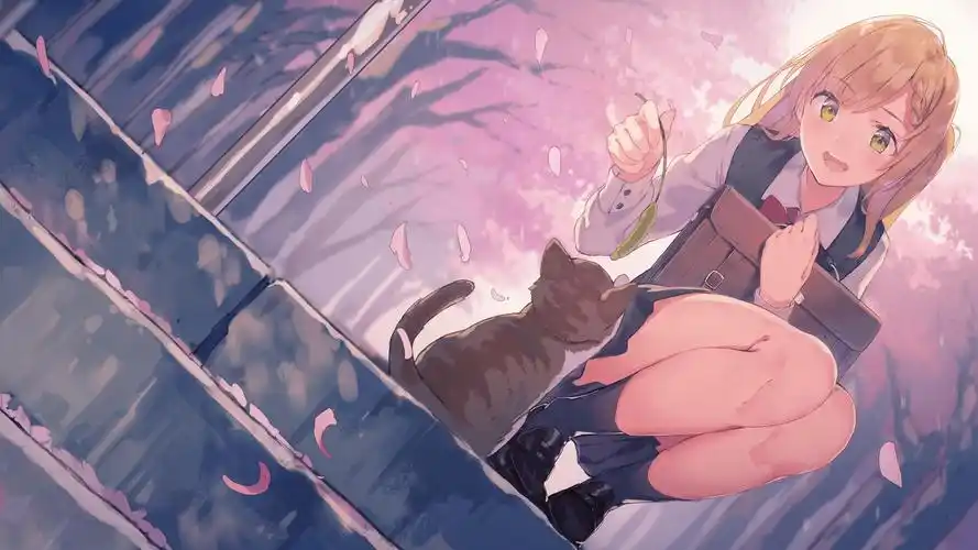 二次元可爱治愈逗猫女孩桌面壁纸