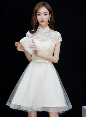 中式晚礼服女2020时尚宴会仙气质短款名媛连衣裙伴娘服中国风立领