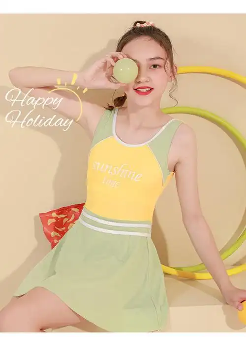 游泳衣女儿童新款可爱连体裙式洋气女孩9-14岁中大童泡温泉游泳衣