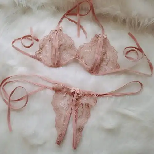 suntek性感文胸情趣骚内衣透明胸罩全透超薄大码蕾丝透视女人 裸粉 cd