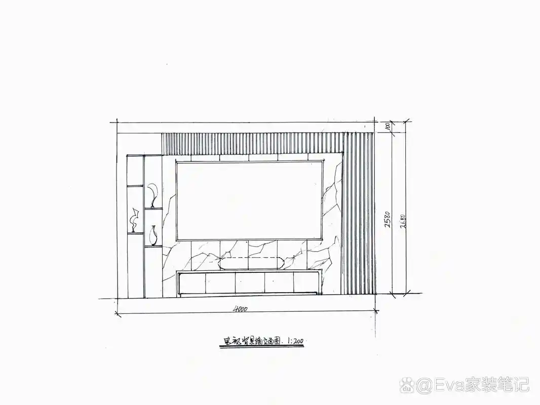 手绘电视机背景墙效果77立面图 大理石板,预算底用岩板也行,后面做