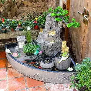 新中式阳台造景装饰户外庭院景观流水鱼池水系造景花园水轮风摆件