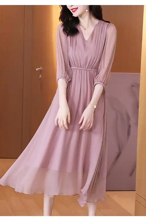 yishan真丝连衣裙女夏品牌女装2022新款高端感纯色v领桑蚕丝长裙珍珠