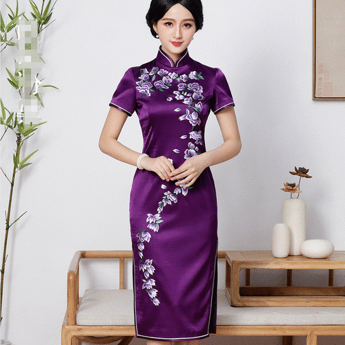 定制新款紫色改良时尚真丝中长款旗袍