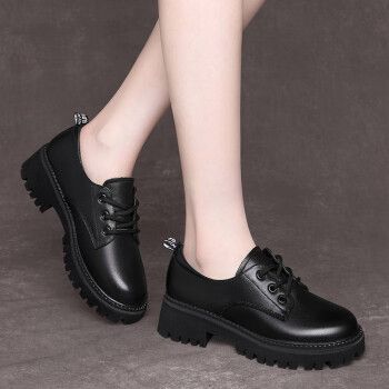红蜻蜓英伦小皮鞋女2023新款春秋季粗跟厚底松糕单鞋黑色久站不累fn