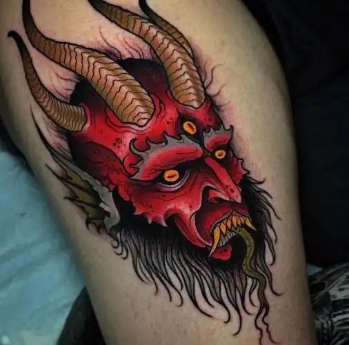 大腿彩色newschool撒旦纹身图案