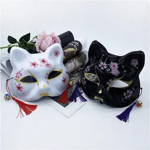 和风狐狸面具半脸女手绘化妆舞会古风面罩汉服抖音妖狐唐猫脸 日式