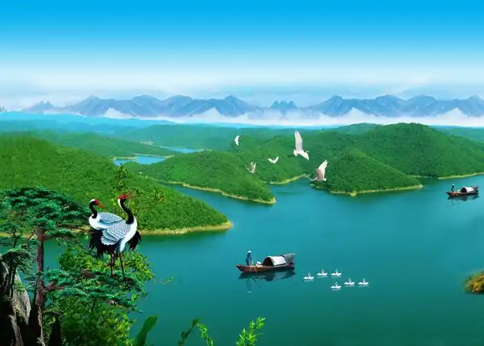 大好河山 山水风景 仙鹤 3d背景墙纸 4k壁纸