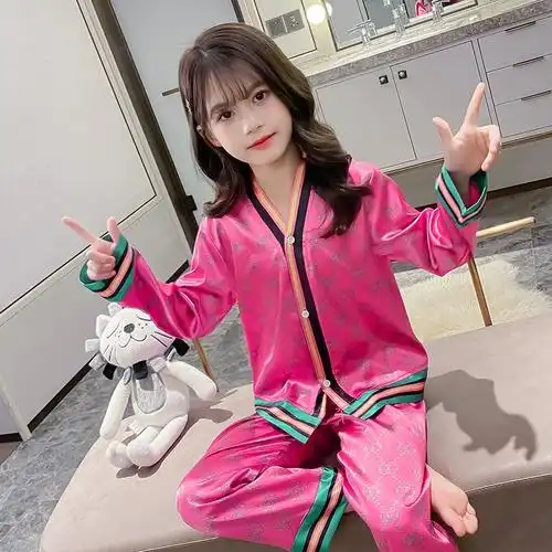 女童长袖冰丝仿真丝睡衣公主风印花中大童春秋薄款日系家居服套装