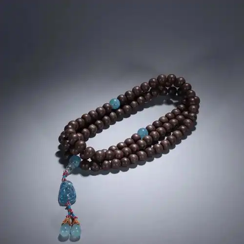 清老沉香配海蓝宝石圆珠108颗佛珠