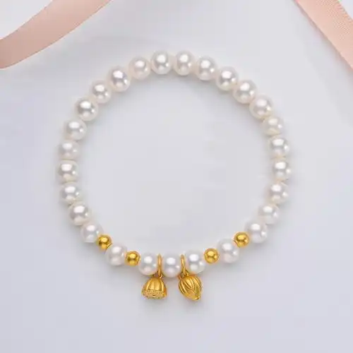 梵心阁18k金天然淡水珍珠手链足金莲蓬金珠女近圆强光气质手串送女友