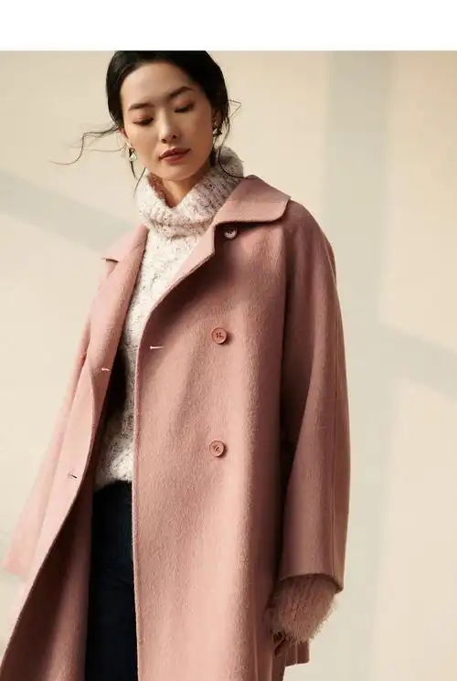 尚都比拉双面毛呢纯色大衣2019冬季新款时尚百搭气质中长外套女 豆沙