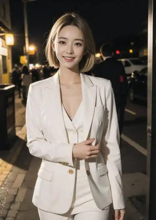 高清美女壁纸,短发性感女神穿白西装夜景街拍_姐姐_白色_形象