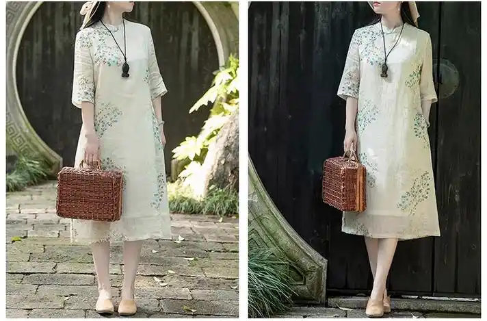 2024夏季苎麻通勤复古改良旗袍宽松显瘦气质遮肉印花棉麻连衣裙 - 17