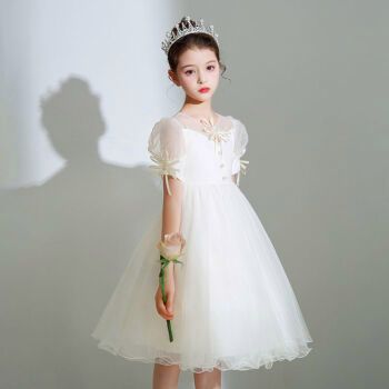 演出服公主裙泡泡袖蓬蓬纱裙花童生日宴会连衣裙 2213白色拖尾 皇冠