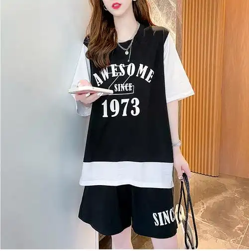 假两件套装女夏季新款时尚短袖t恤宽松五分短裤休闲运动服两件套 - 17