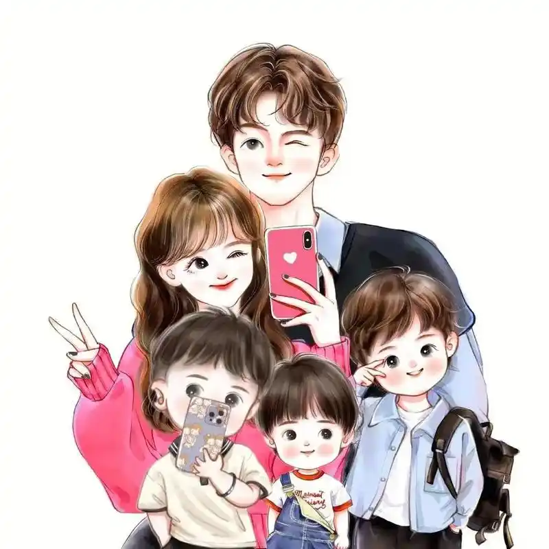亲子头像 #全家福卡通头像#一家五口#三个男孩 - 抖音