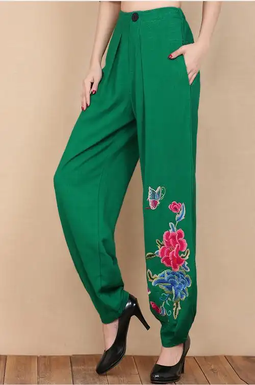 2022新款中老年女裤亚麻妈妈小脚灯笼裤民族风春夏绣花棉麻长裤