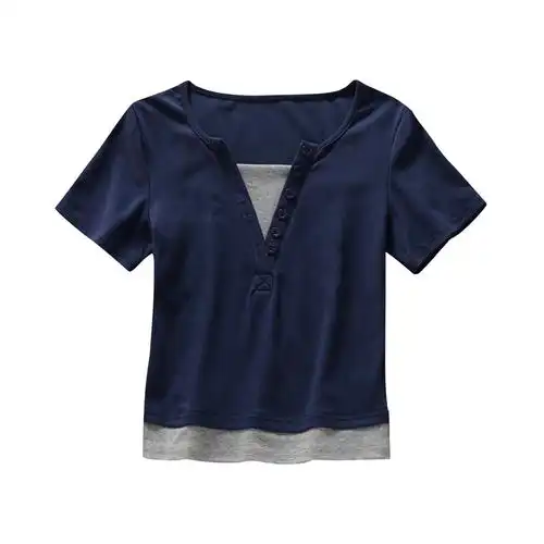 设计感小众纽扣假两件短袖t恤女春夏辣妹短款修身显瘦别致上衣服 - 17