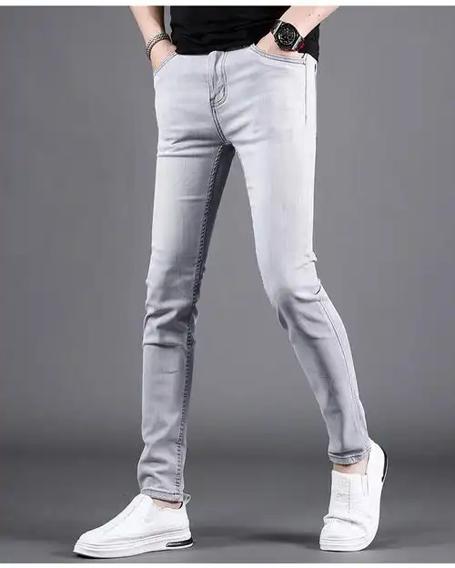 保罗香港高端浅灰色刺绣牛仔裤男夏季薄款修身小脚裤冰丝弹力男士裤子