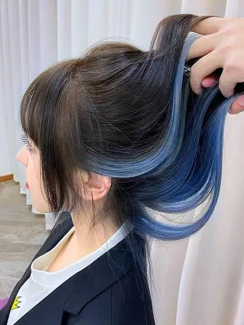 挑染假发条可扎马尾挂耳染发片女两侧蓝色假发2021年时尚新款漂染