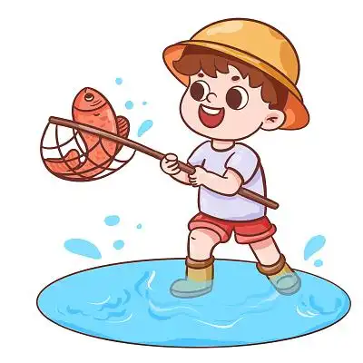 夏天卡通人物捕鱼元素插画粉色手绘卡通小清新剪纸风花朵花元素png