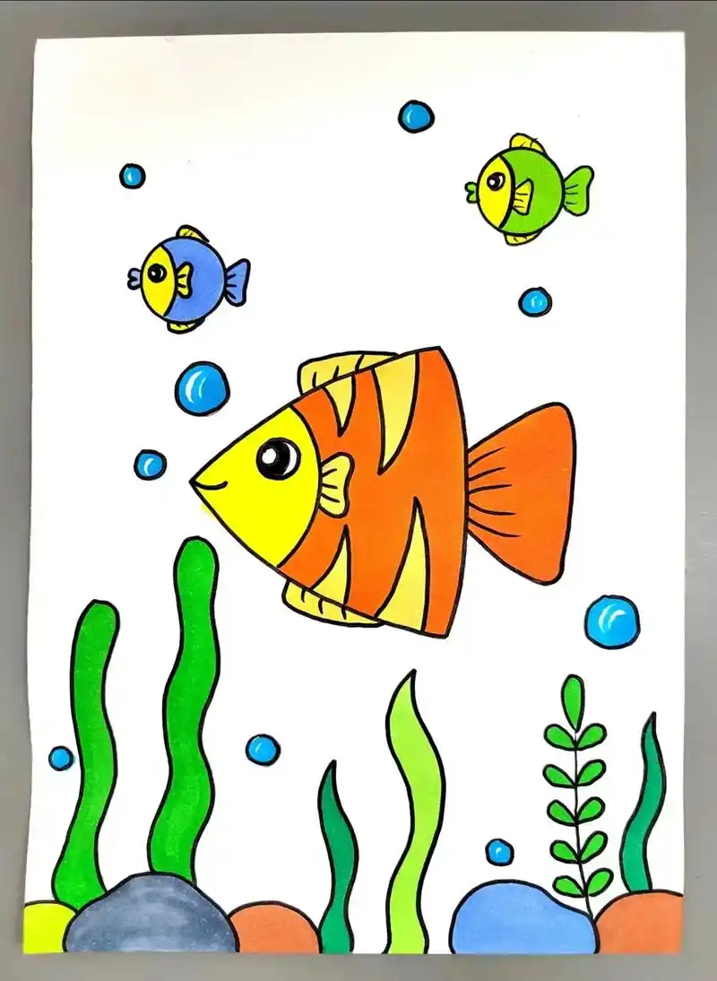 海底世界创意画,教你用简单的线条画可爱的小鱼,看完就会#海底 - 抖音
