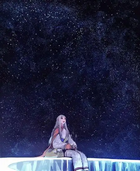 一个女孩在雪地仰望蓝色星空的手机壁纸