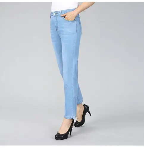 夏天穿中年人女式高腰牛仔裤妈妈九分女夏薄款弹力宽松直筒裤女裤浅