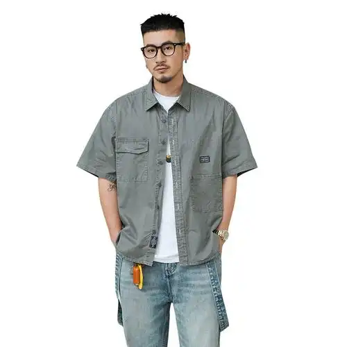 短袖衬衫衬衣男宽松休闲百搭夏季外纯棉上衣潮流男士日系工装