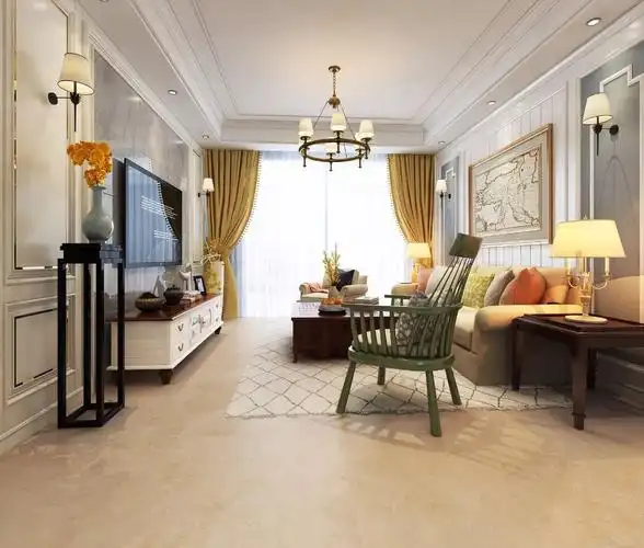 0旧米黄通铺在客厅上,搭配布艺沙发,木制家具,营造温馨的北欧风格.