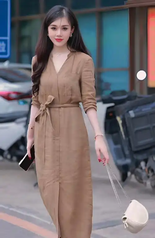 官图 夏季法式长裙气质显瘦女神范小众独特高冷御姐卡其色连衣裙 - 17