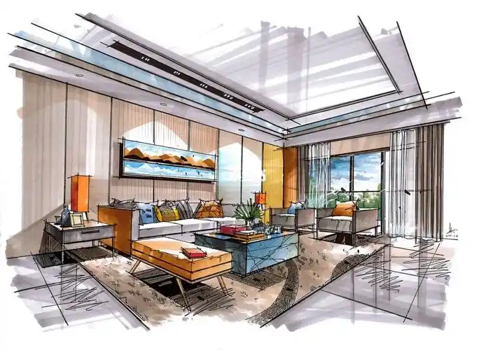 两点透视简约风客厅马克笔上色表达