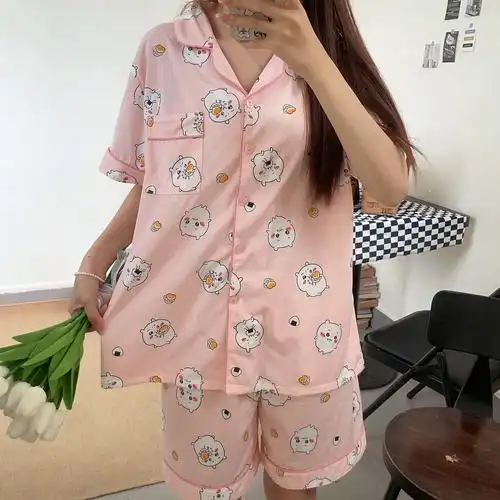 吉伊睡衣女夏季短袖短裤纯棉卡通ins风可爱韩版开衫家居服套装 - 17网