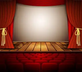 与红色的帷幕,座位的剧院舞台照片