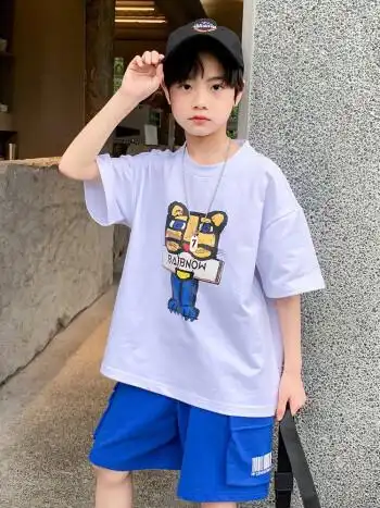 两件套中大童学生韩版超酷休闲衣服短袖套装潮 白色 150 建议10-11岁